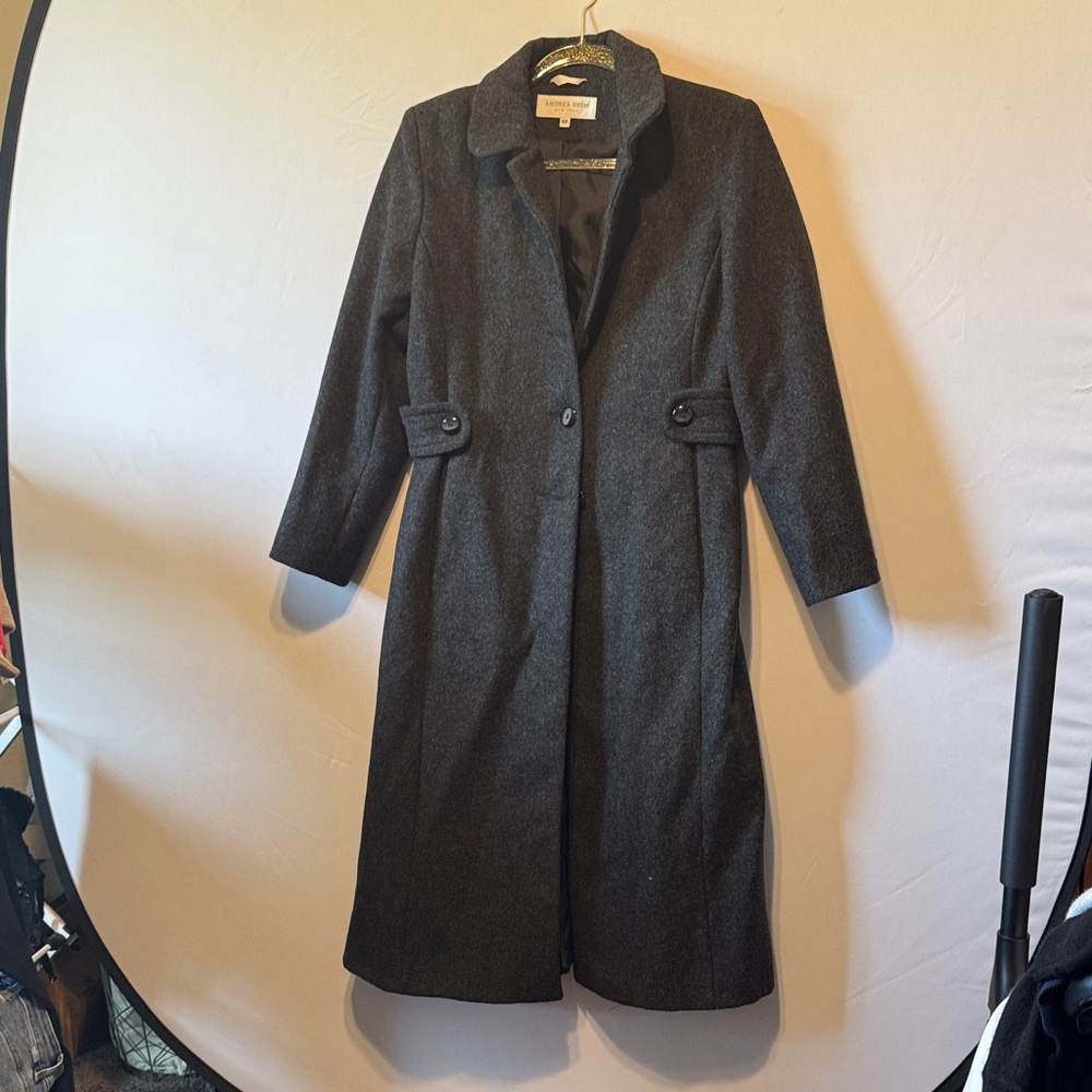 Vintage 90s Andrea Brem NY 70% Merino Wool Long Coat Petite 6 Charcoal EUC